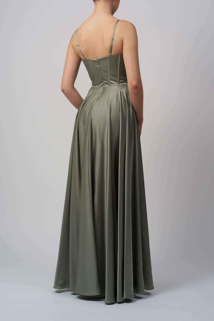 Back view of Mascara MC12314 Satin Corset Prom Dress in navy with a flowing skirt and structured corset bodice. Elegant choice for formal events.