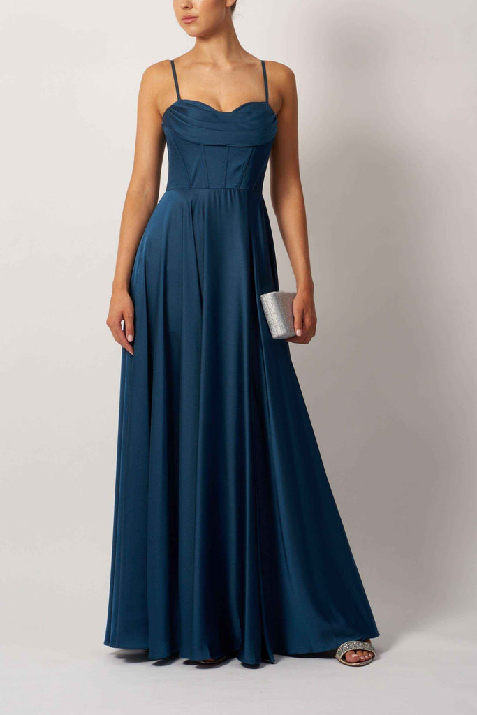 Mascara MC12314 Airforce satin corset prom dress in navy with sweetheart neckline and flowing skirt. Elegant design for formal events and proms.