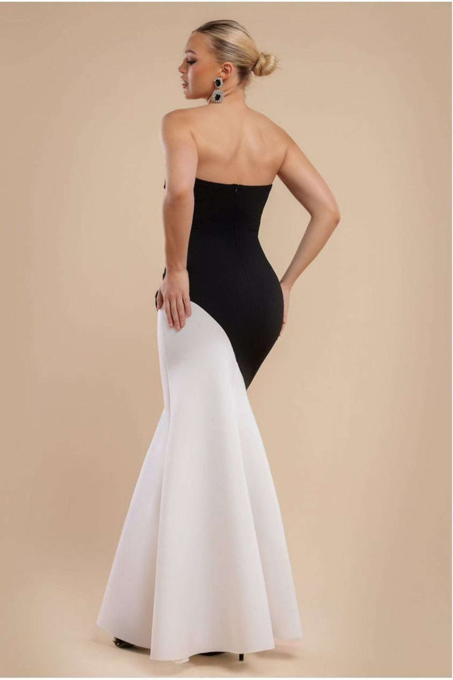 Goddiva Maxi Dress - Sleeveless Mermaid Hem in black and cream with a chic monochrome contrast, perfect for eveningwear or black tie events.