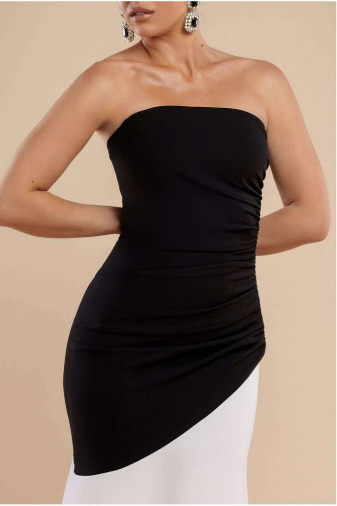 Goddiva Maxi Dress - Sleeveless Mermaid Hem in black and cream with ruched waist and asymmetrical color contrast. Elegant fit for evening events.