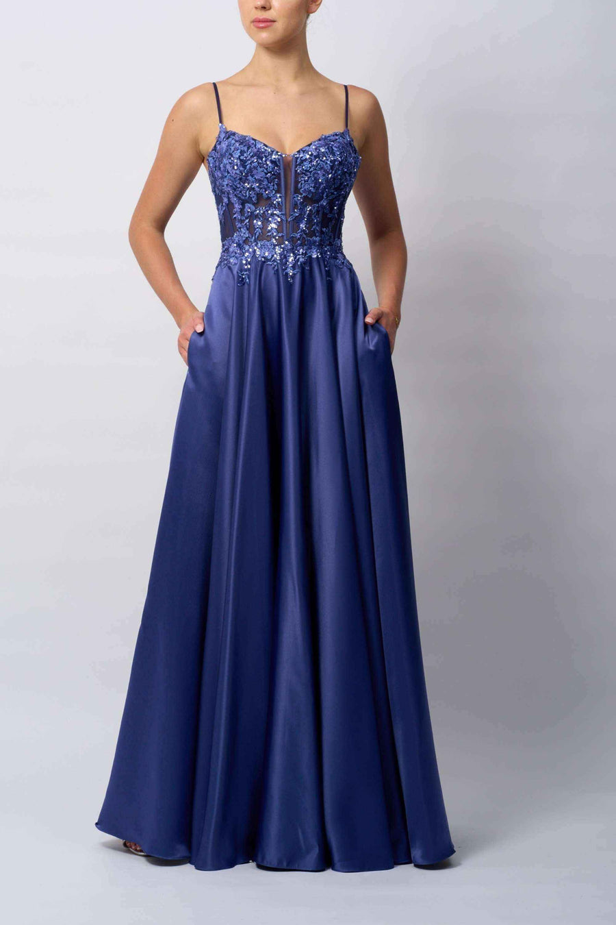 Navy Beaded Satin Gown with intricate beading and A-line satin skirt, designed for prom, parties, or bridesmaid wear.