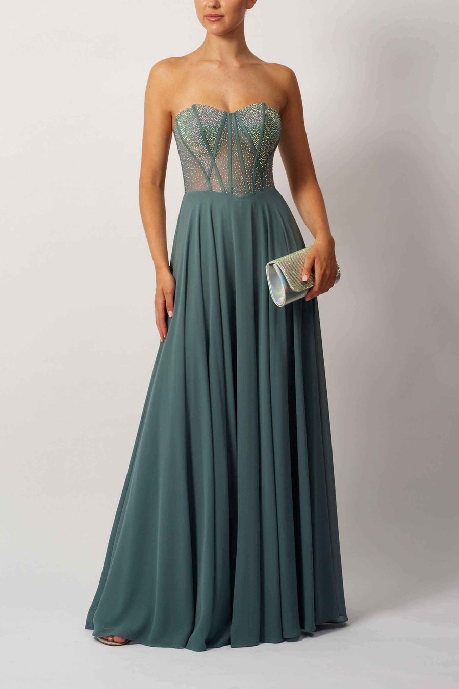 Green corset lace chiffon dress with shimmering detail and sweetheart neckline, ideal for weddings or formal parties.