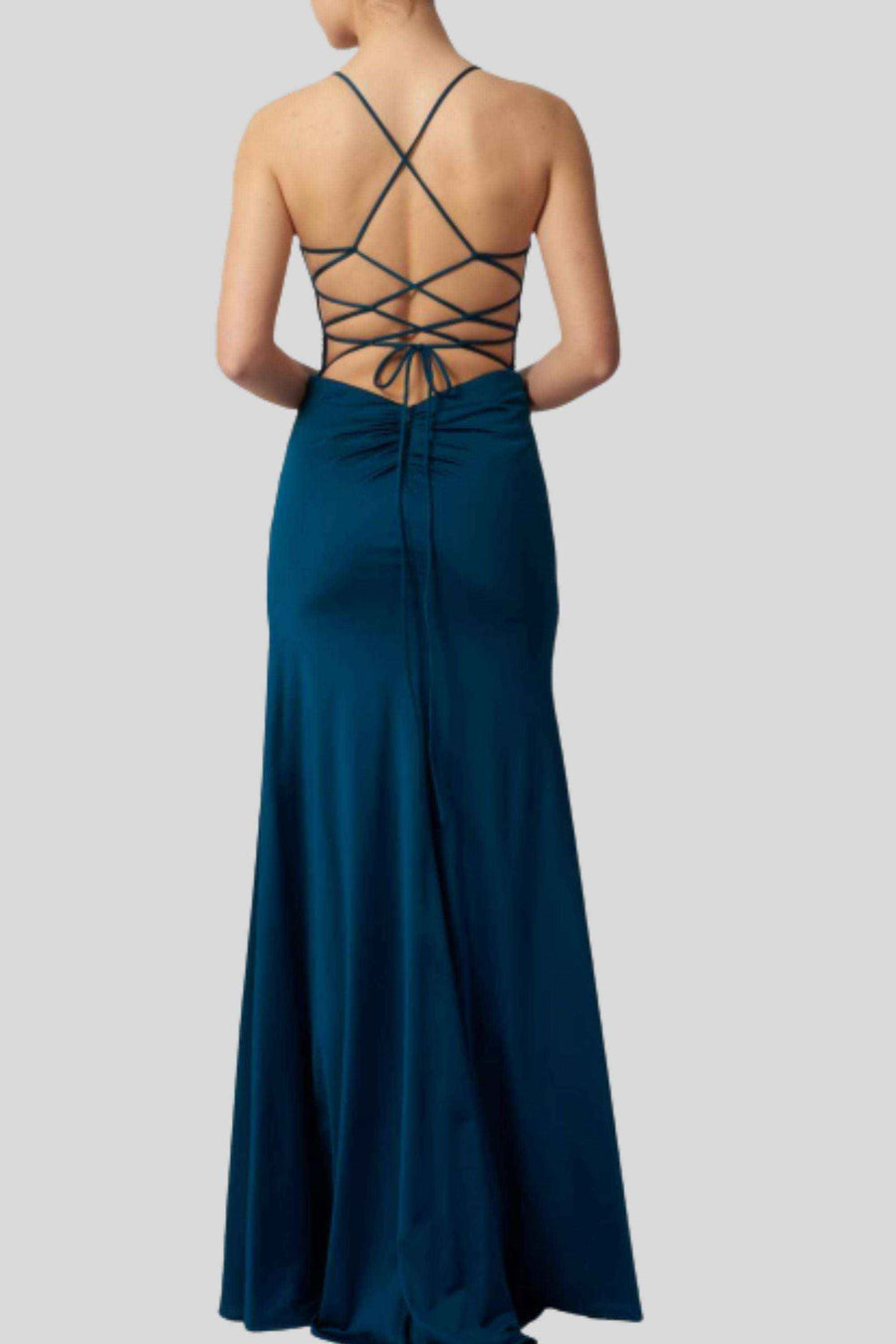 Mascara MC123444 Strap Back Jersey in teal features an elegant strap-back design and floor-length fit, ideal for prom or bridesmaid occasions.