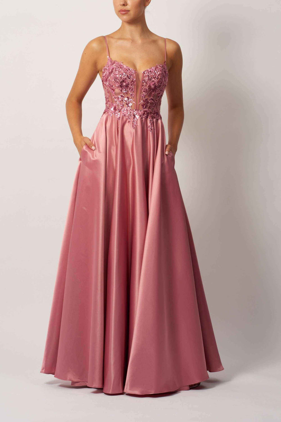 Beaded Satin Gown in blush pink with floral bodice and A-line silhouette, ideal for prom or formal events by Mascara London.