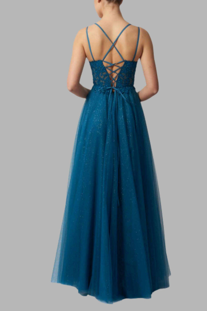 Back view of Tulle Ballgown MC124431 shows elegant tie-back lace-up design with layered tulle skirt, perfect for formal events.