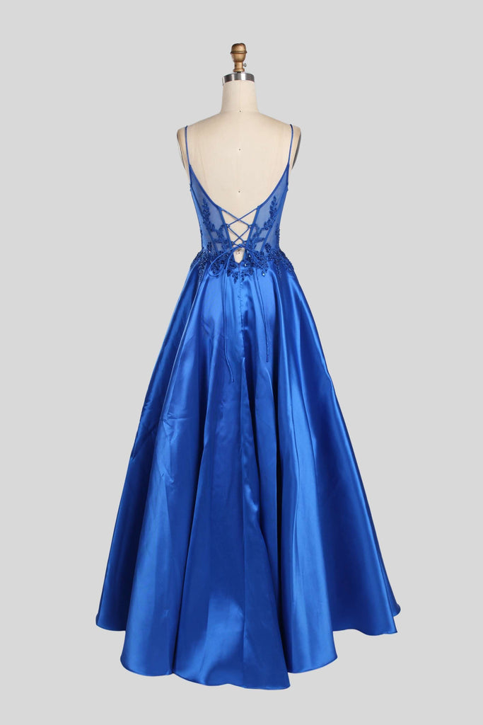 Back view of Lace Bodice Satin Evening Gown from Portia Collection featuring deep V-back, lace-up detail, and floral lace embroidery on bodice.