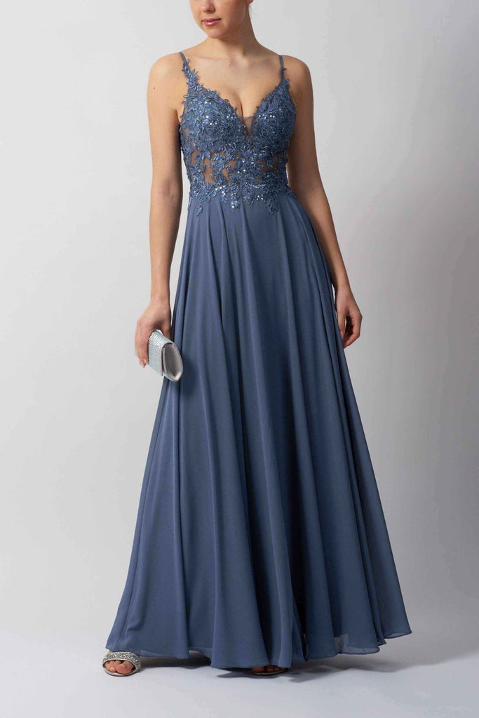 MC19442 Bridesmaid Dress - Chiffon by Mascara London in slate blue with lace bodice, sequin detailing, and flowing fully lined chiffon skirt.