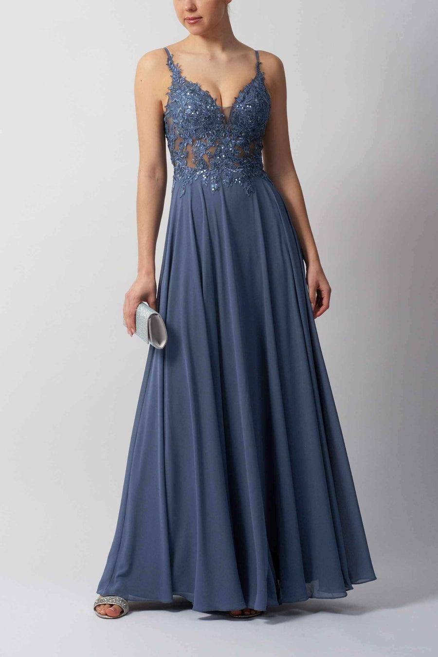MC19442 Bridesmaid Dress - Chiffon by Mascara London in slate blue with lace bodice, sequin detailing, and flowing fully lined chiffon skirt.