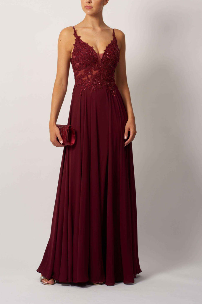 MC19442 Bridesmaid Dress - Chiffon by Mascara London in wine with lace bodice and flowing full-length skirt, ideal for weddings or proms.