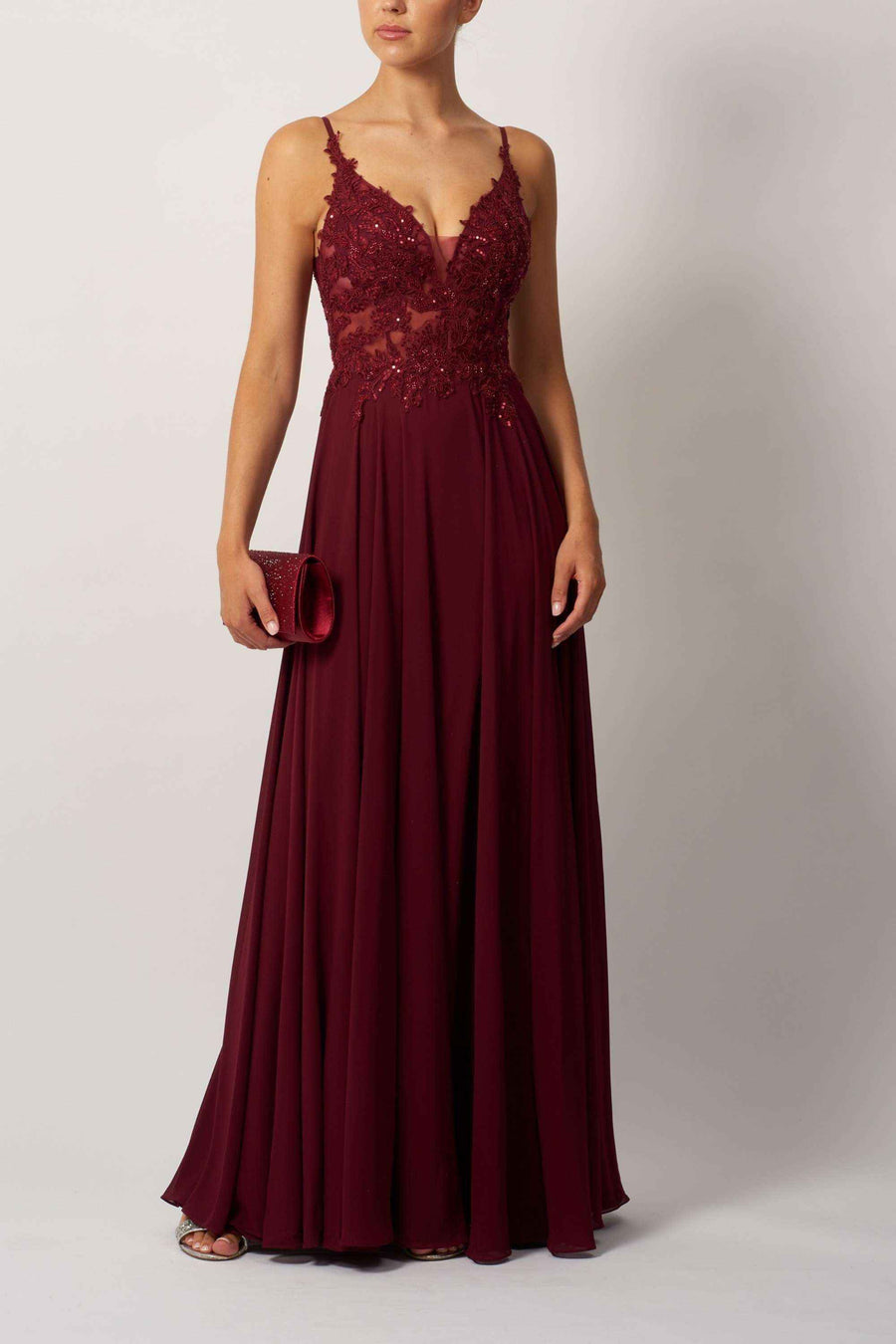 MC19442 Bridesmaid Dress - Chiffon by Mascara London in wine with lace bodice and flowing full-length skirt, ideal for weddings or proms.