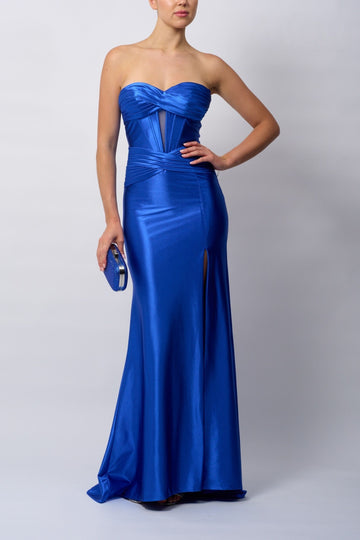 Royal Blue Corset Dress - Satin Evening Gown by Mascara MC119421 featuring a strapless sweetheart neckline, pleated bodice, and thigh-high slit.