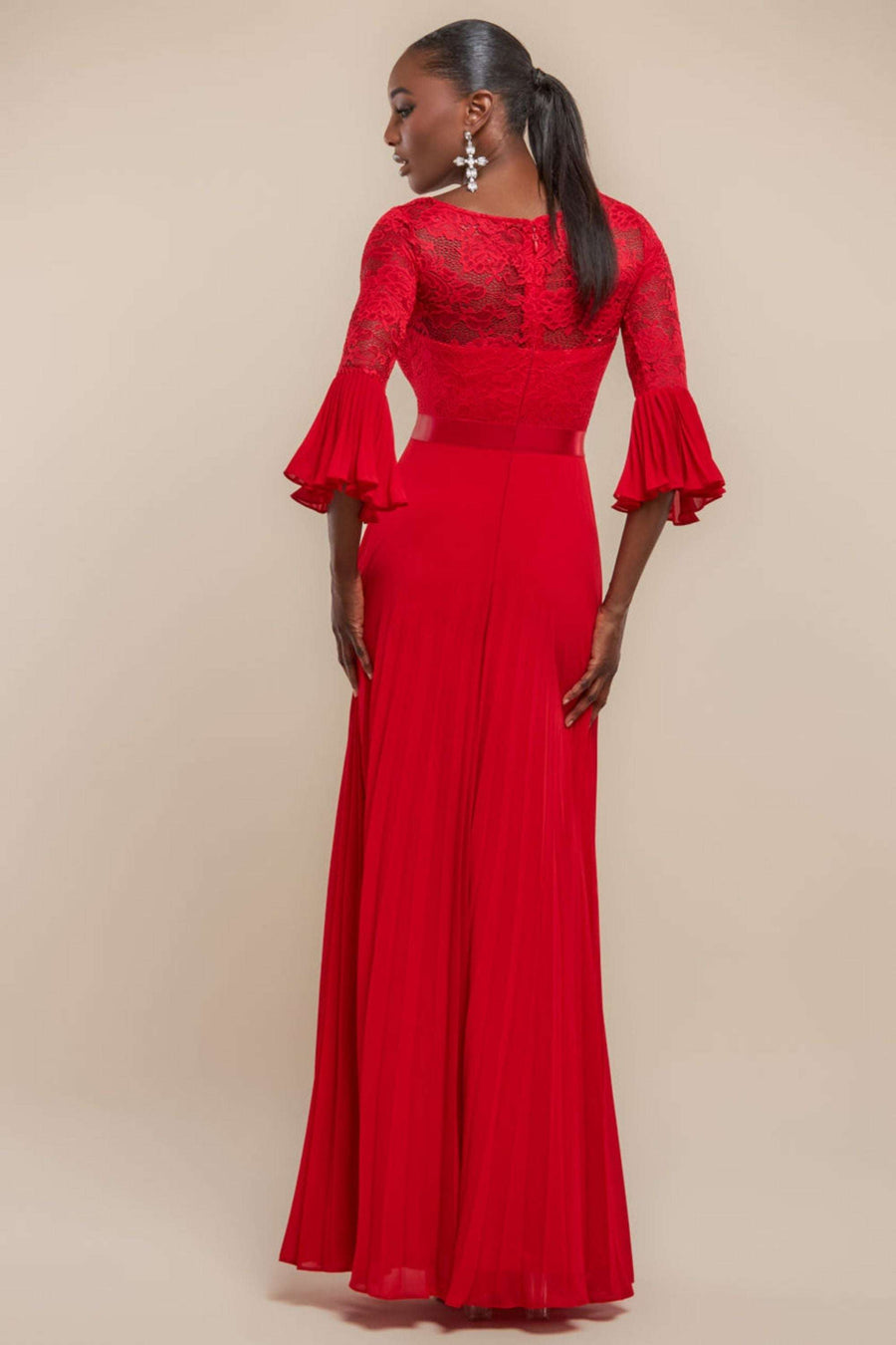 Scalloped Lace Maxi Dress in red with pleated chiffon skirt and flared sleeves, ideal for bridesmaids or evening events. Elegant A-line silhouette.