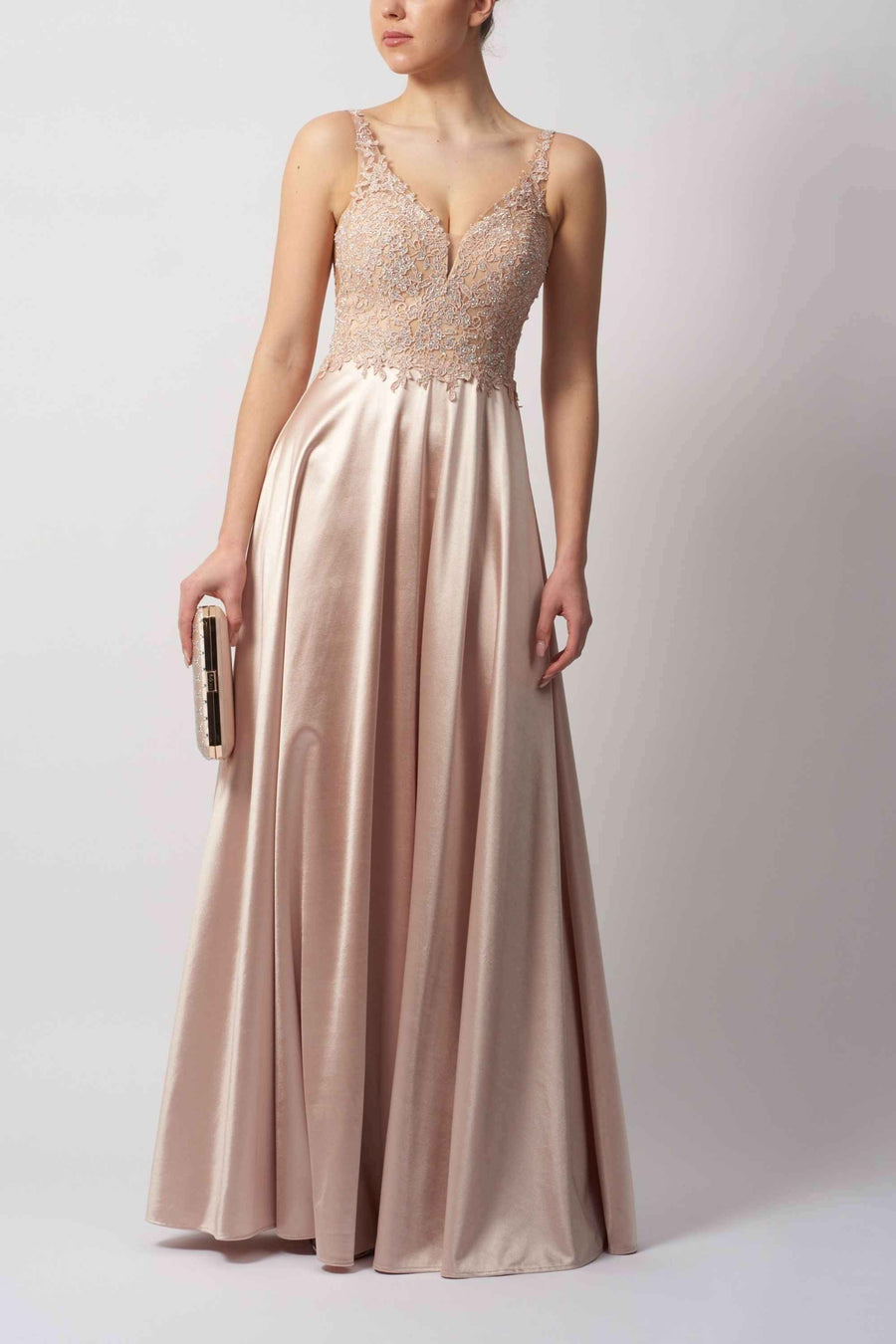 London MC124412 satin bridesmaid dress with lace bodice and flowing A-line silhouette. Elegant blush gown ideal for weddings and formal events.
