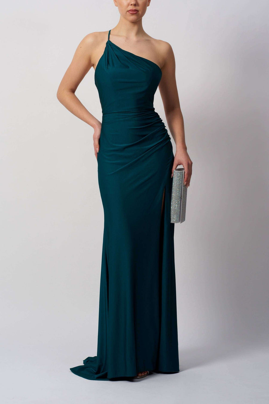 Tie Back Dress MC12333 - Petrol Mascara features a sleek single strap design with ruched detailing and thigh-high slit. Elegant for prom or parties.