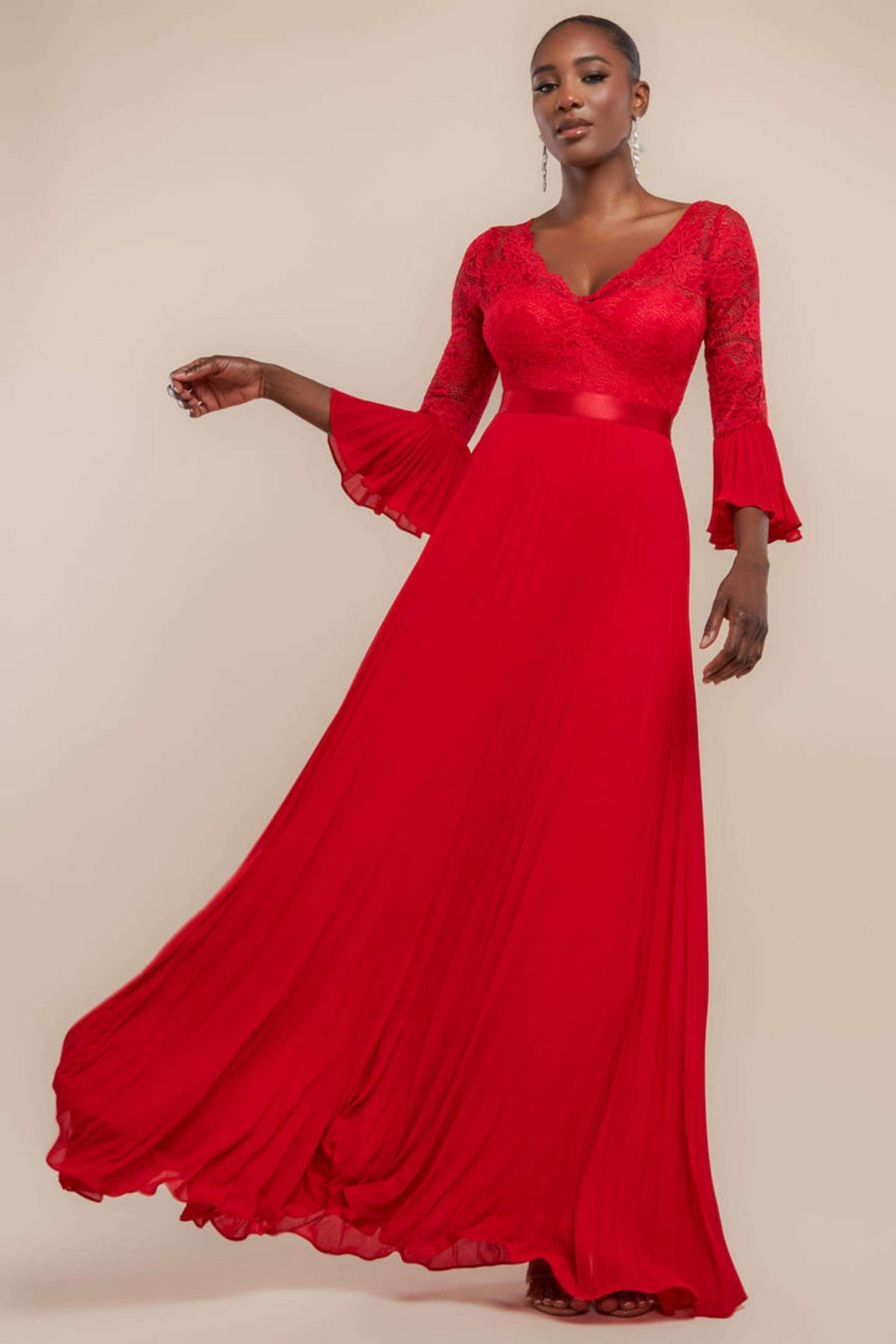 Scalloped Lace Maxi Dress in vibrant red with pleated chiffon skirt and A-line silhouette, ideal for bridesmaids or evening events. Features flared sleeves and satin waistband for an elegant finish.