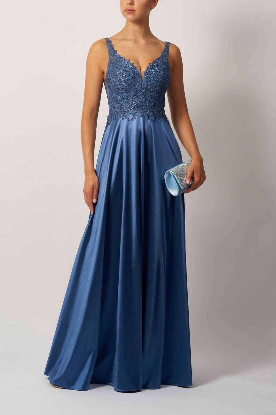 London MC124412 satin bridesmaid dress in deep blue with lace bodice and flowing silhouette fit. Elegant choice for weddings and formal events.