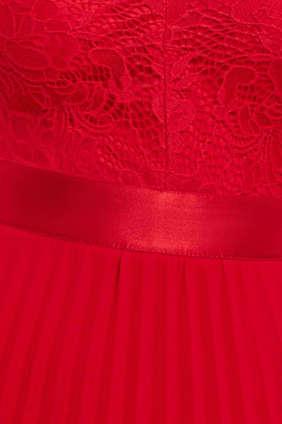 Close-up of Scalloped Lace Maxi Dress in red, showing intricate lace bodice and pleated chiffon A-line skirt with satin waistband detail.