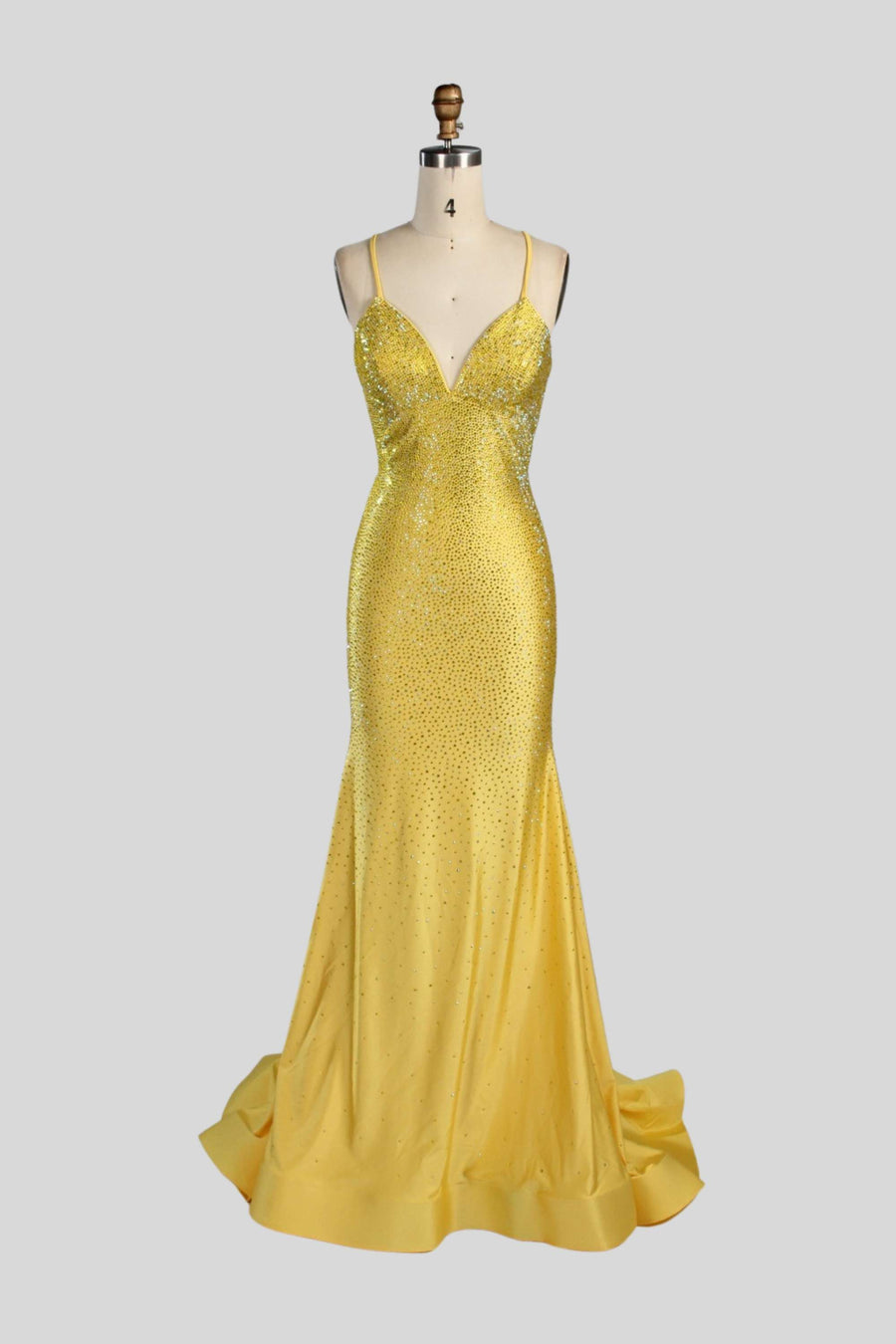 Poppy Yellow Rhinestone Prom Dress with fitted silhouette and sparkling rhinestones, perfect for prom or red carpet events in 2026.