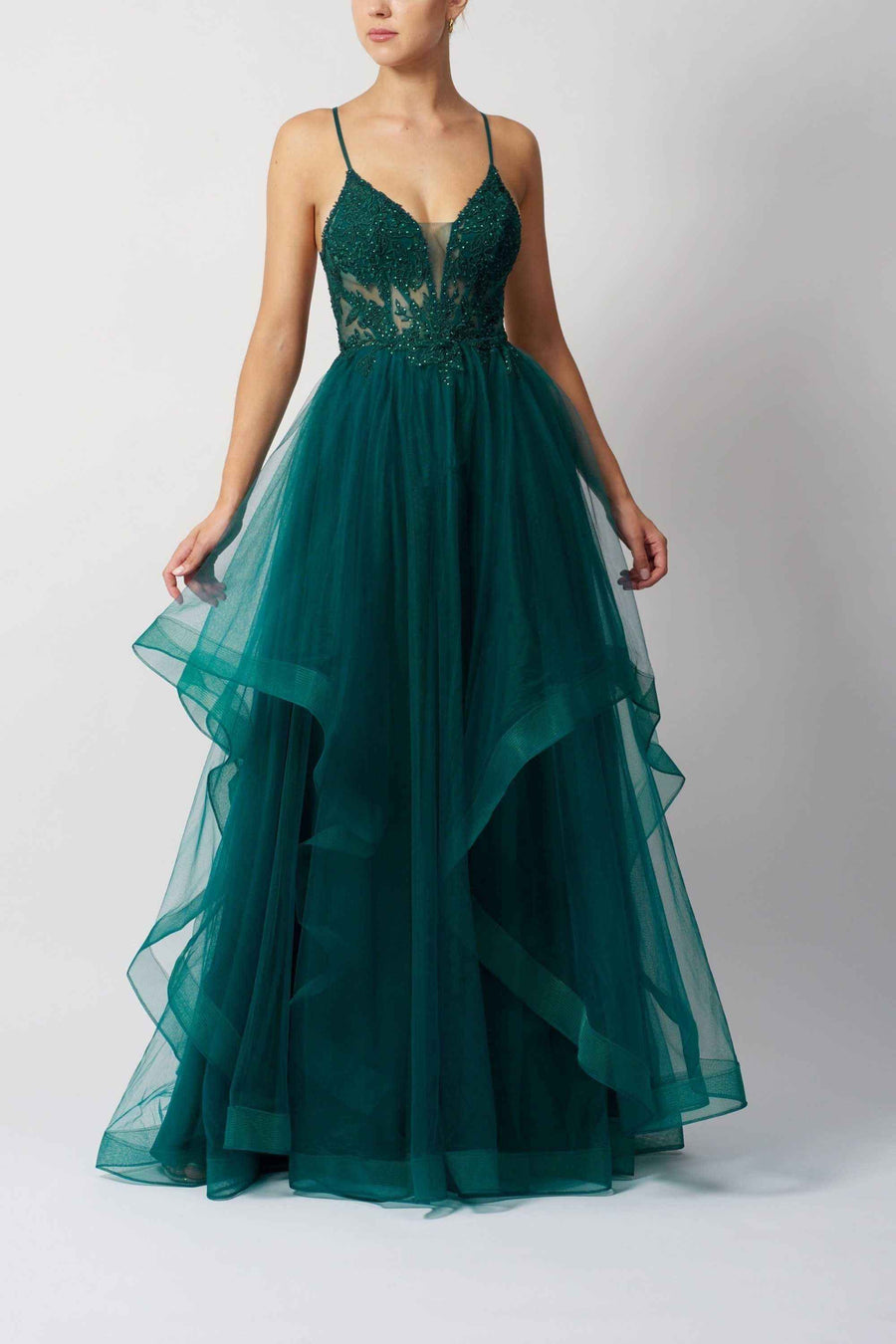 Mascara MC11519 prom dress in with sequin lace bodice and voluminous layered tulle skirt, perfect for glamorous events.