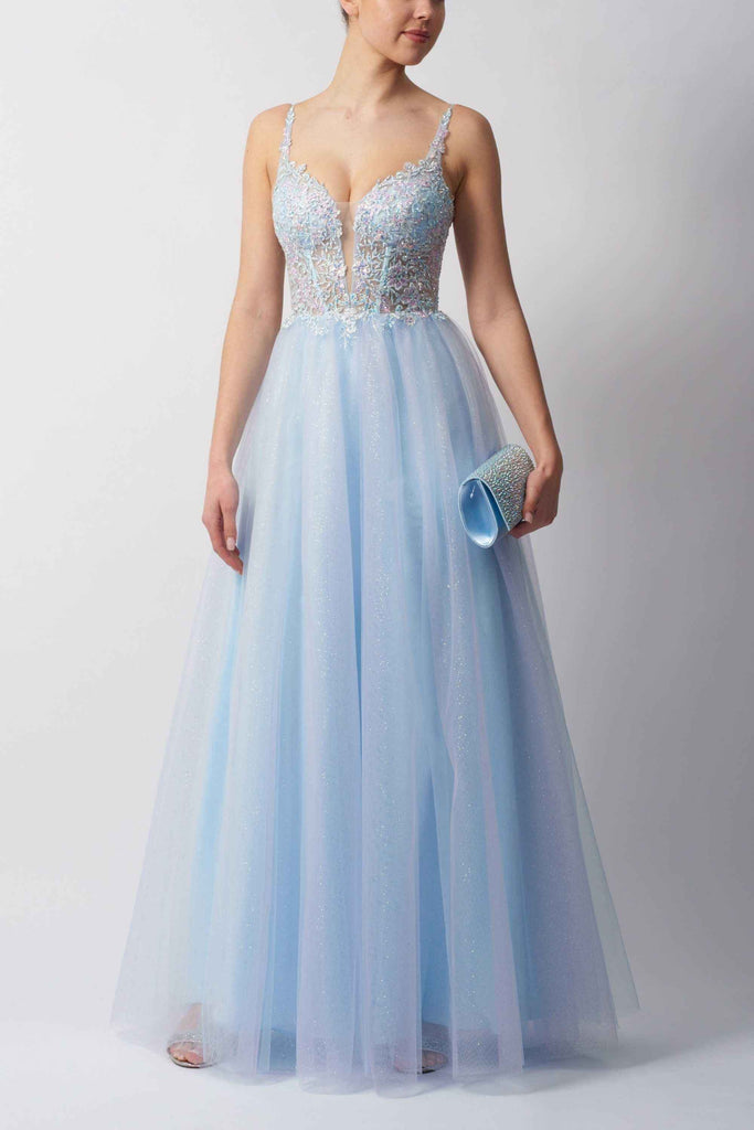 Mascara MC11514 Baby Blue Tulle Prom Dress featuring a glitter tulle skirt and floral embellished bodice, ideal for prom or formal events.