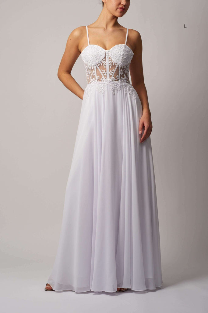 Ivory White Tie Dress MC119433 featuring a sheer lace bodice with floral embroidery and flowing chiffon skirt. Elegant tie-back midi for bridesmaids or prom.
