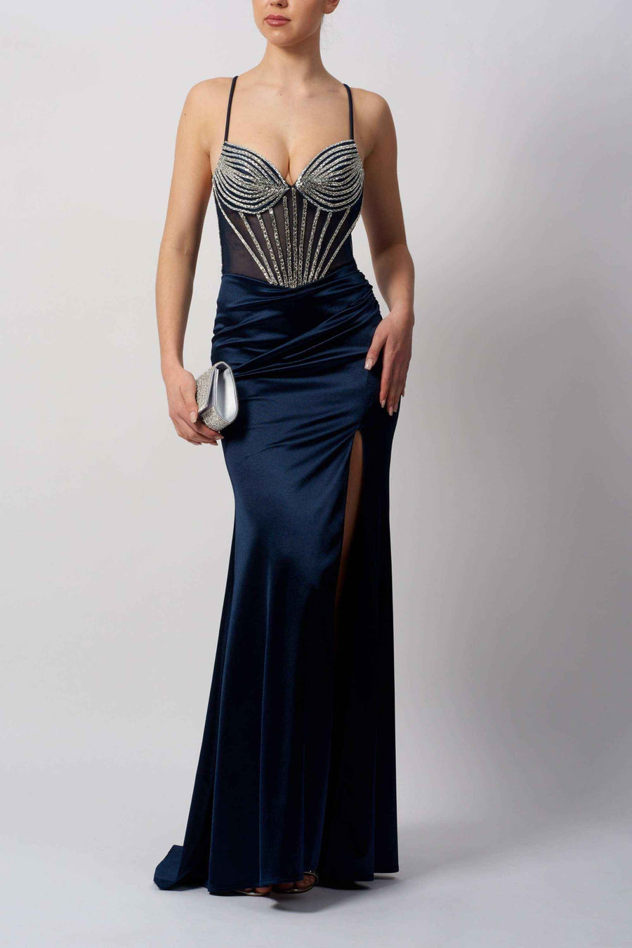 Mascara London MC11441 satin fitted gown in navy with beaded bodice, thigh-high slit, and ruched waist, ideal for prom or bridesmaid wear.