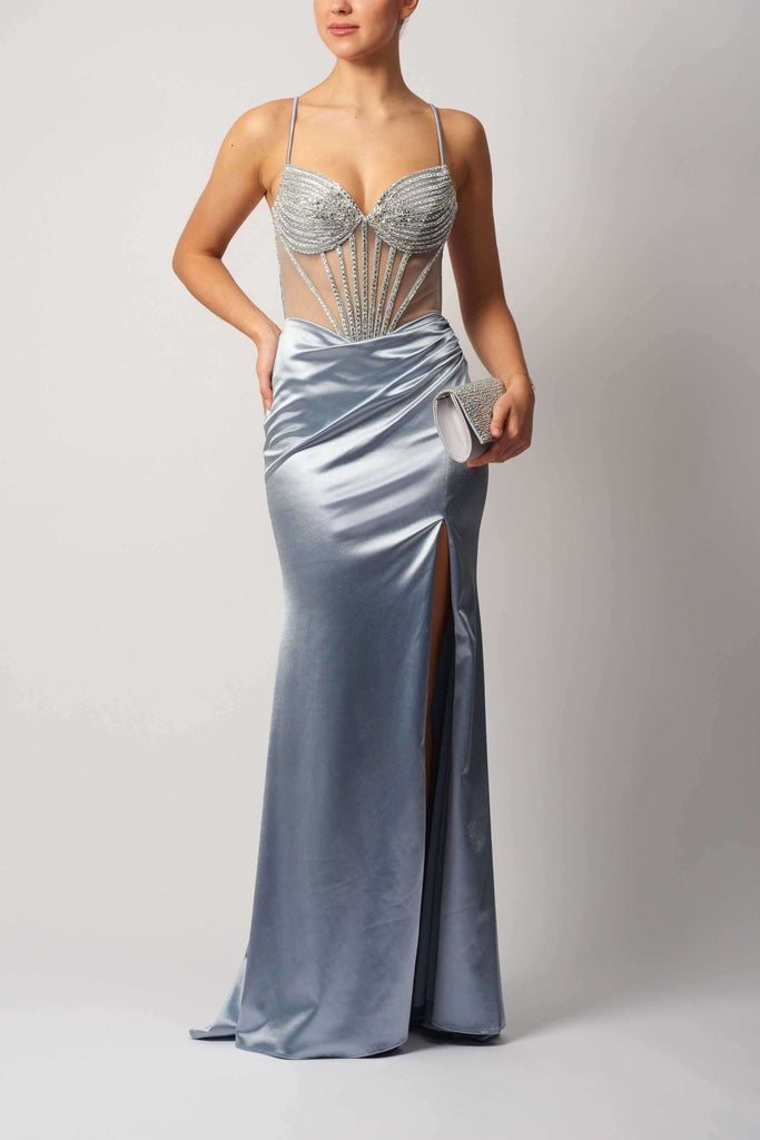 Shiny silver Mascara London MC11441 satin fitted gown featuring embellished corset top and high slit, perfect for evening or prom events.
