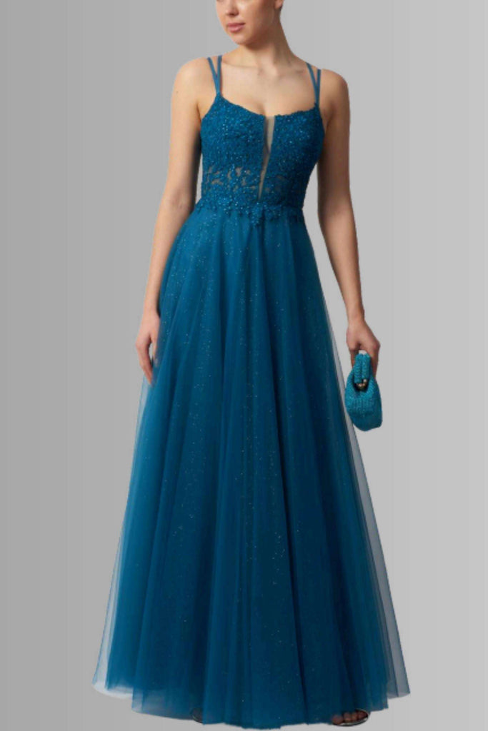 Tulle Ballgown MC124431 features a glittery teal bodice with thin straps and flowing skirt, ideal for prom or bridesmaid occasions.