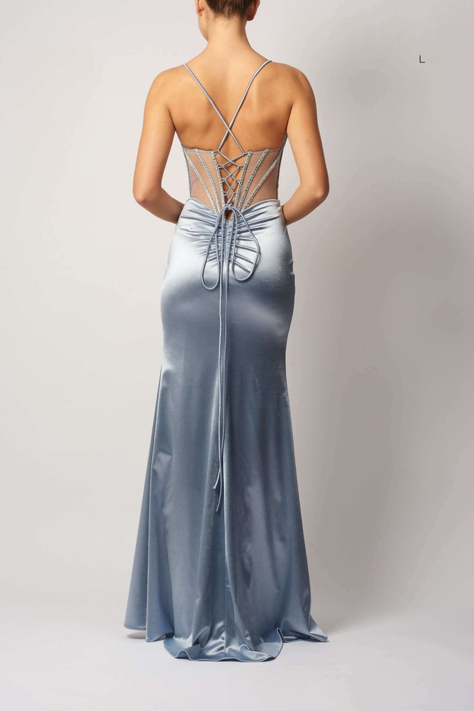Back view of Mascara London MC11441 satin fitted gown in silver with lace-up corset detailing and floor-length silhouette for formal occasions.