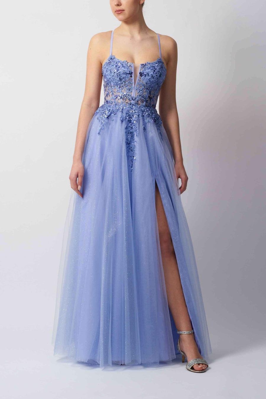 Backless Glitter Prom Dress - Mascara London MC114415 in lavender with floral appliqué bodice, thigh-high slit, and tulle skirt for formal events.