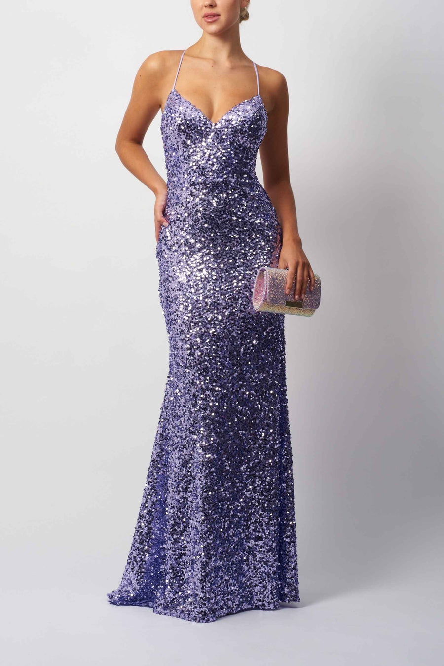 MC11345 Tie Back Gown in lavender with shimmering sequins and a flattering cut, perfect for dance-ready occasions and formal parties.