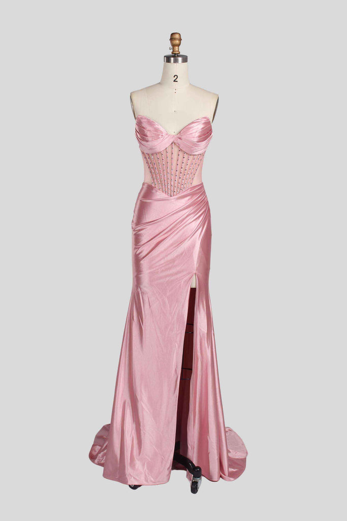 Annabelle Strapless Gown in pink satin with crystal-embellished bodice, sweetheart neckline, and mermaid silhouette for weddings or galas.