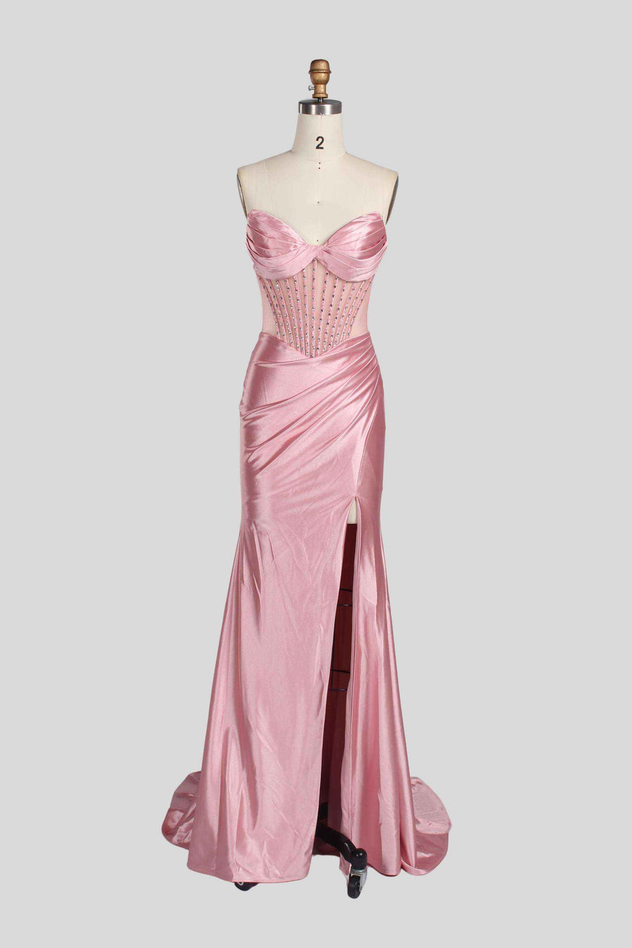 Annabelle Strapless Gown in pink satin with crystal-embellished bodice, sweetheart neckline, and mermaid silhouette for weddings or galas.