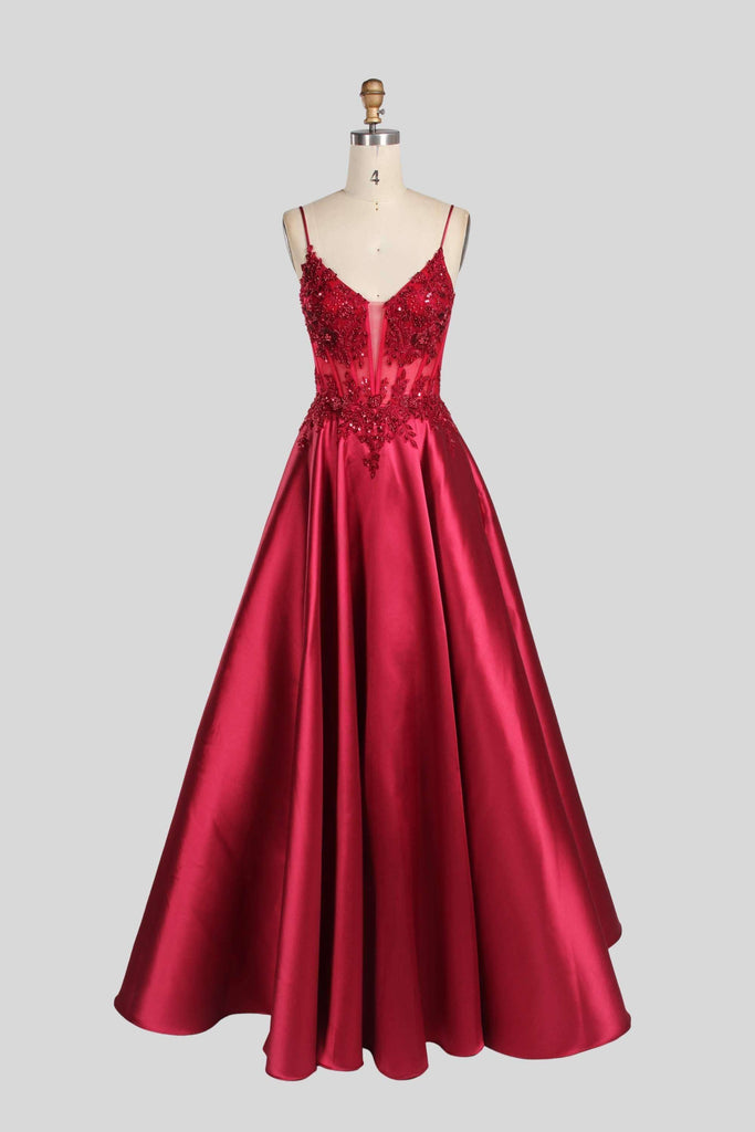 Lace Bodice Satin Evening Gown – Portia Collection in deep red with spaghetti straps, sequin embellishments, and a flowing A-line skirt.