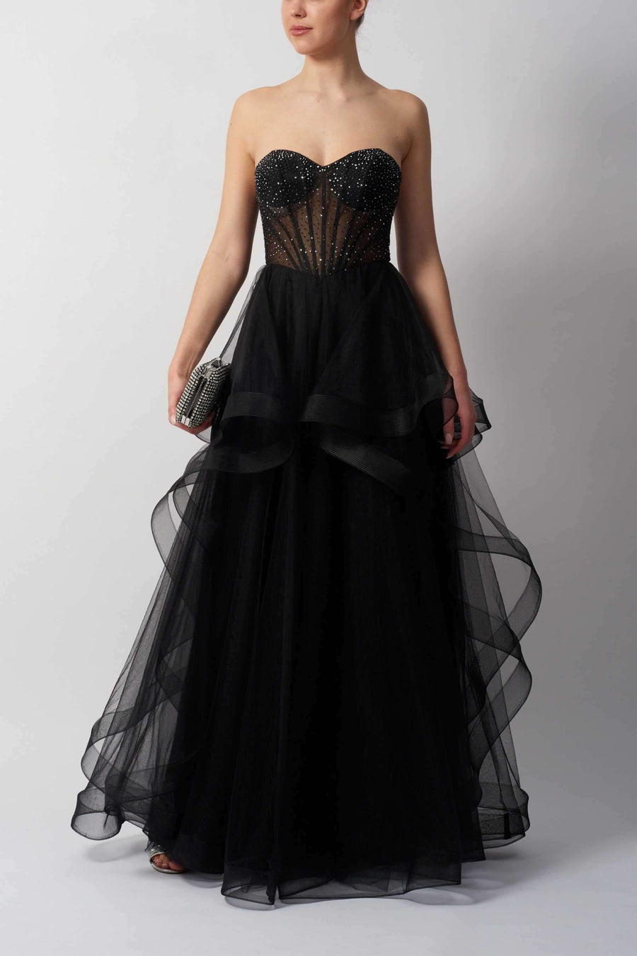 Double Tulle Mascara MC29514 - Collection strapless black gown with beaded bodice and layered tulle skirt, ideal for prom or formal events.