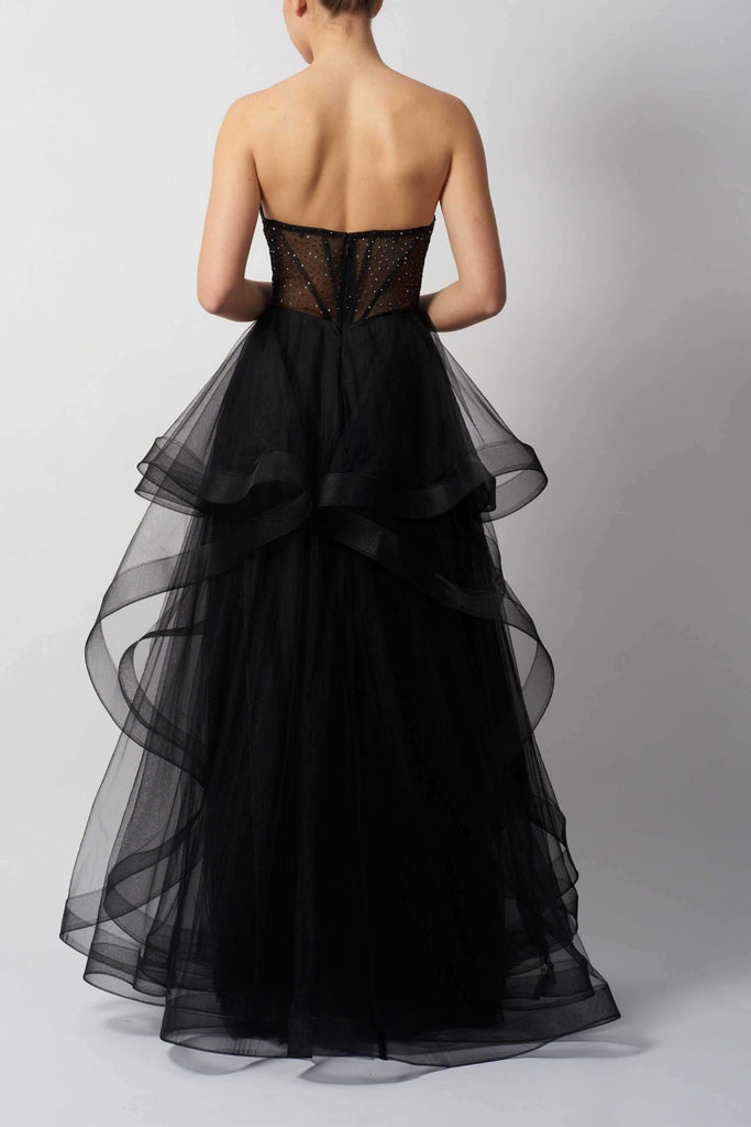 Back view of Baby Blue Mascara MC29514 - Double Tulle dress showcasing sheer corset detail and voluminous layered tulle for formal events.