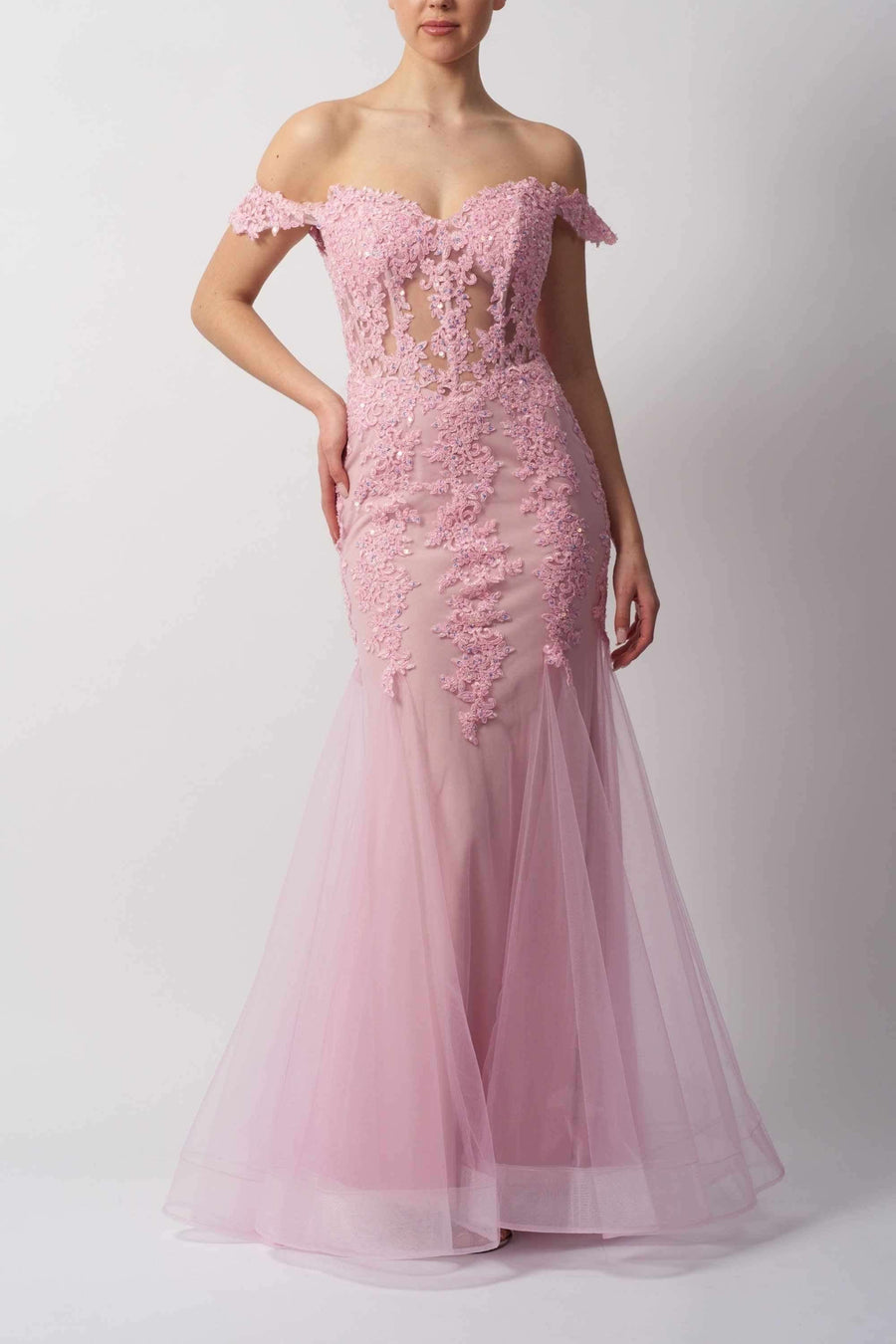 Front view of Mascara London's Blue Fishtail Gown MC115110 in pink with corset bodice, floral lace embroidery, and sheer tulle mermaid silhouette.