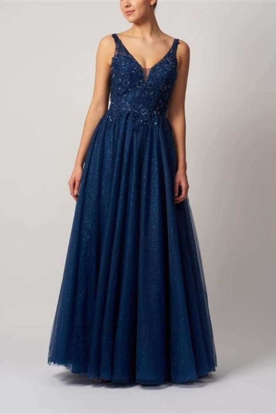 Navy Ball Gown Dress - Mascara MC11346 featuring tulle skirt and embroidered bodice, ideal for prom or bridesmaid occasions.