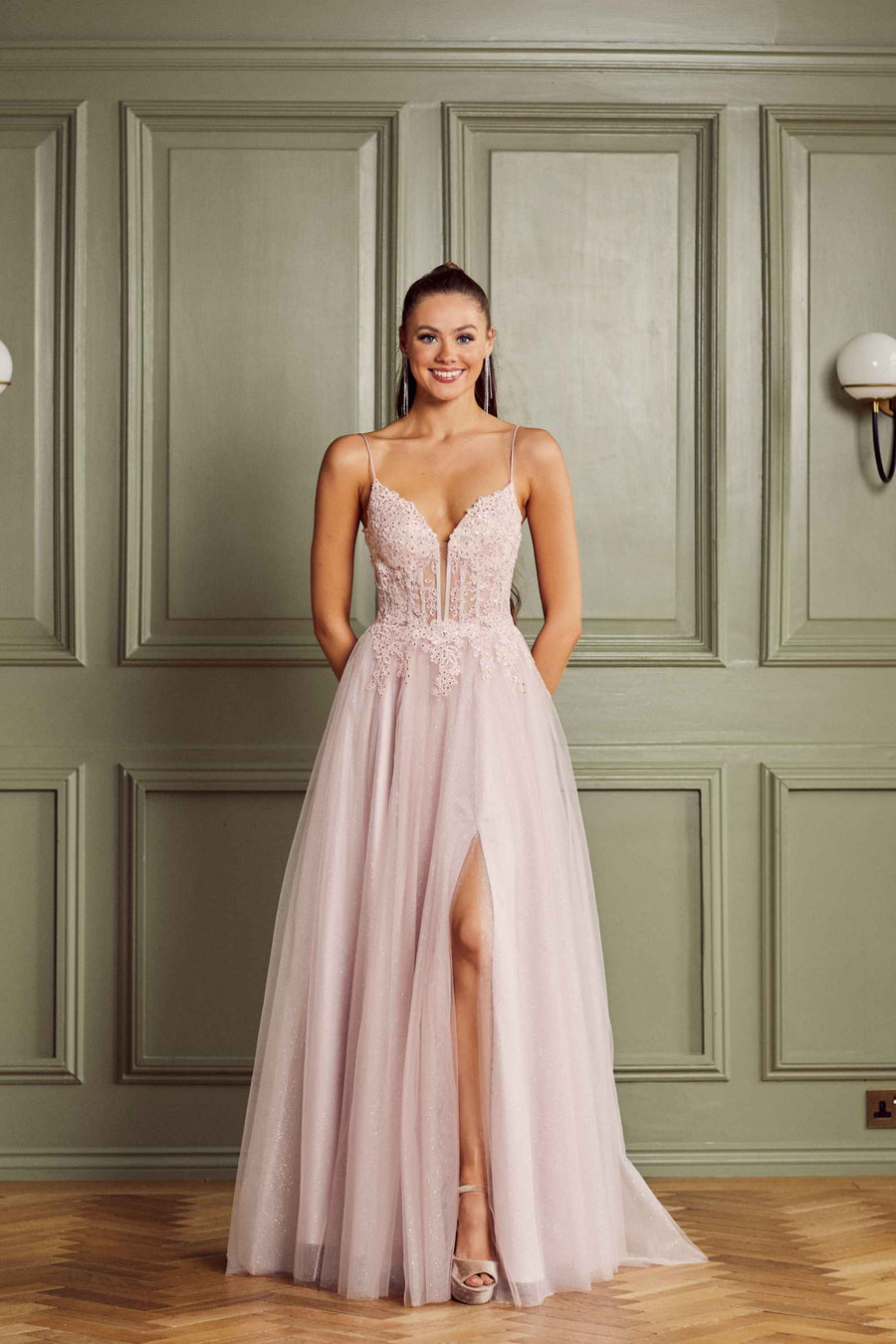 Tiffany's Prom High Slit Gown in heather pink with A-line silhouette, lace bodice, spaghetti straps, and thigh-high slit for formal events.