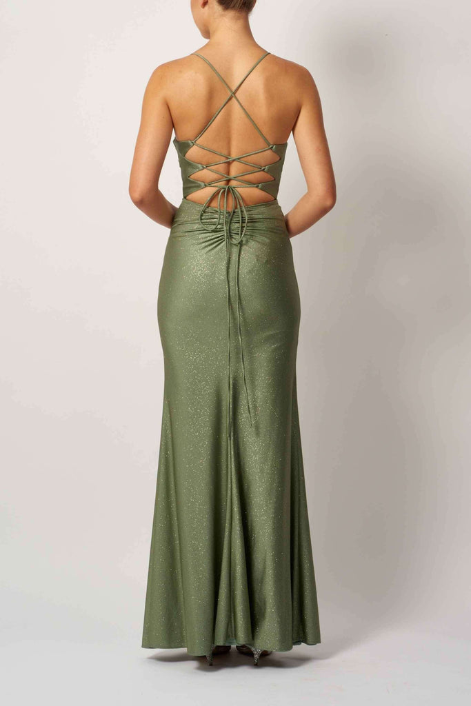 Back view of MC295112 Smokey Green Jersey Tie Back Dress featuring crisscross lace-up straps and ruched detailing for a flattering silhouette.