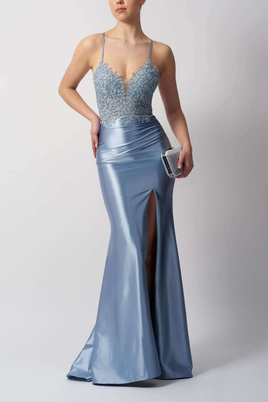 Steele Blue Tie Back Jersey MC11449 by Mascara London features a lace bodice, thigh-high slit, and satin finish, ideal for prom or bridesmaid wear.
