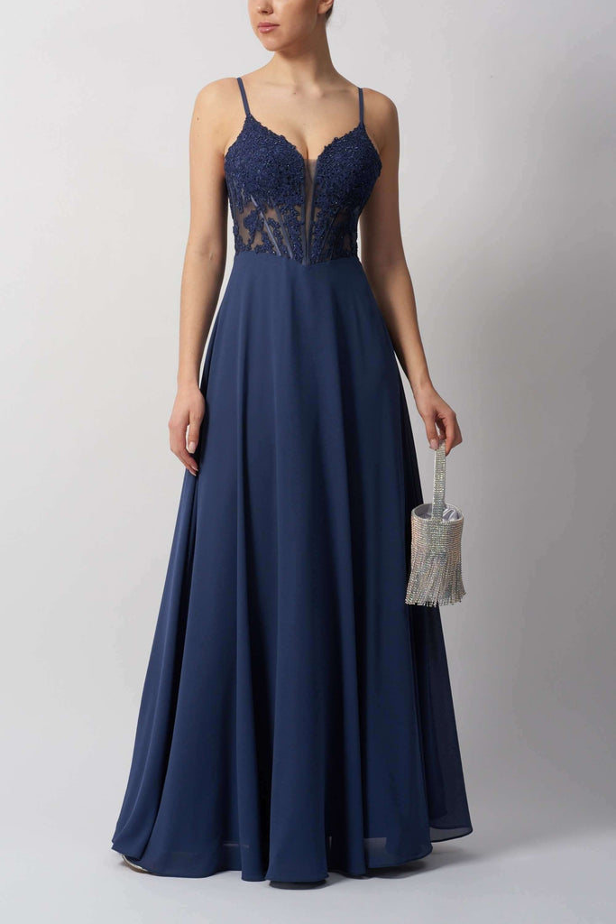 Mascara MC124420 Gown in Airforce Blue with embellished lace bodice, plunging neckline, and flowing chiffon A-line skirt for prom or bridesmaids.