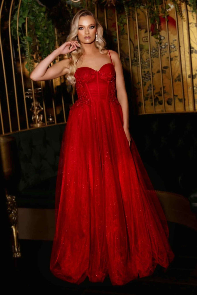 Lulu Red Tulle Prom Dress with full skirt and corset bodice, perfect for glamorous formal events and red carpet occasions.