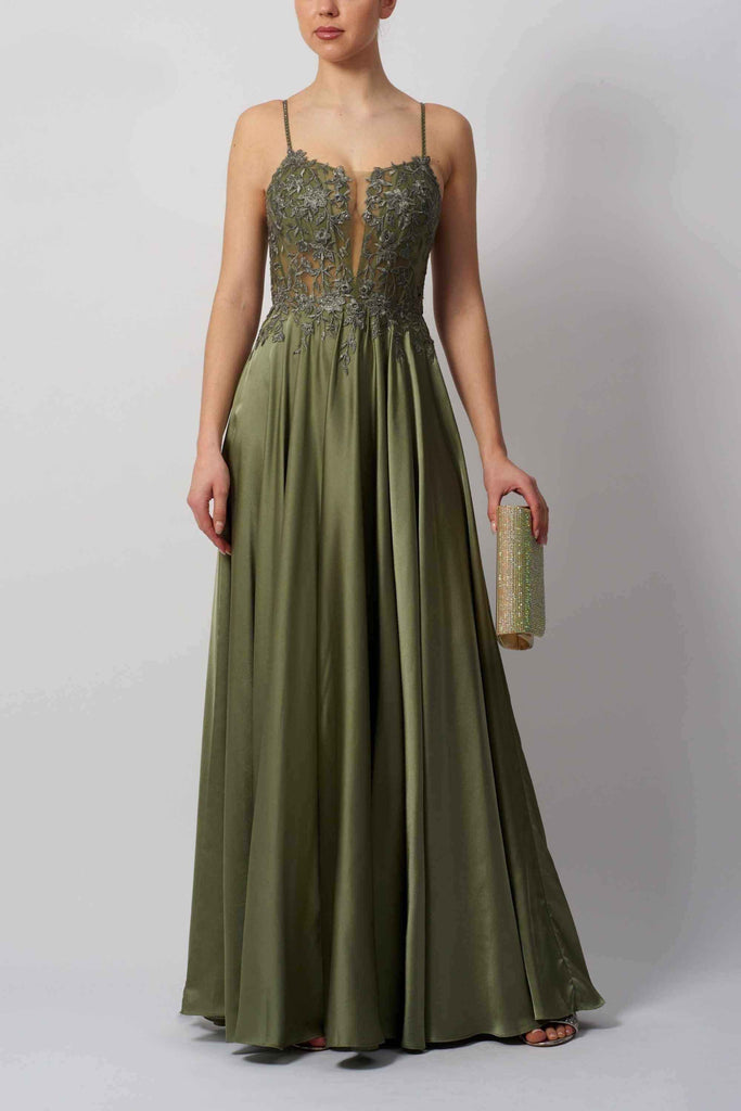 Mascara MC192045 Dress in khaki with satin corset bodice, lace appliques, and flowing skirt, ideal for prom or evening events.