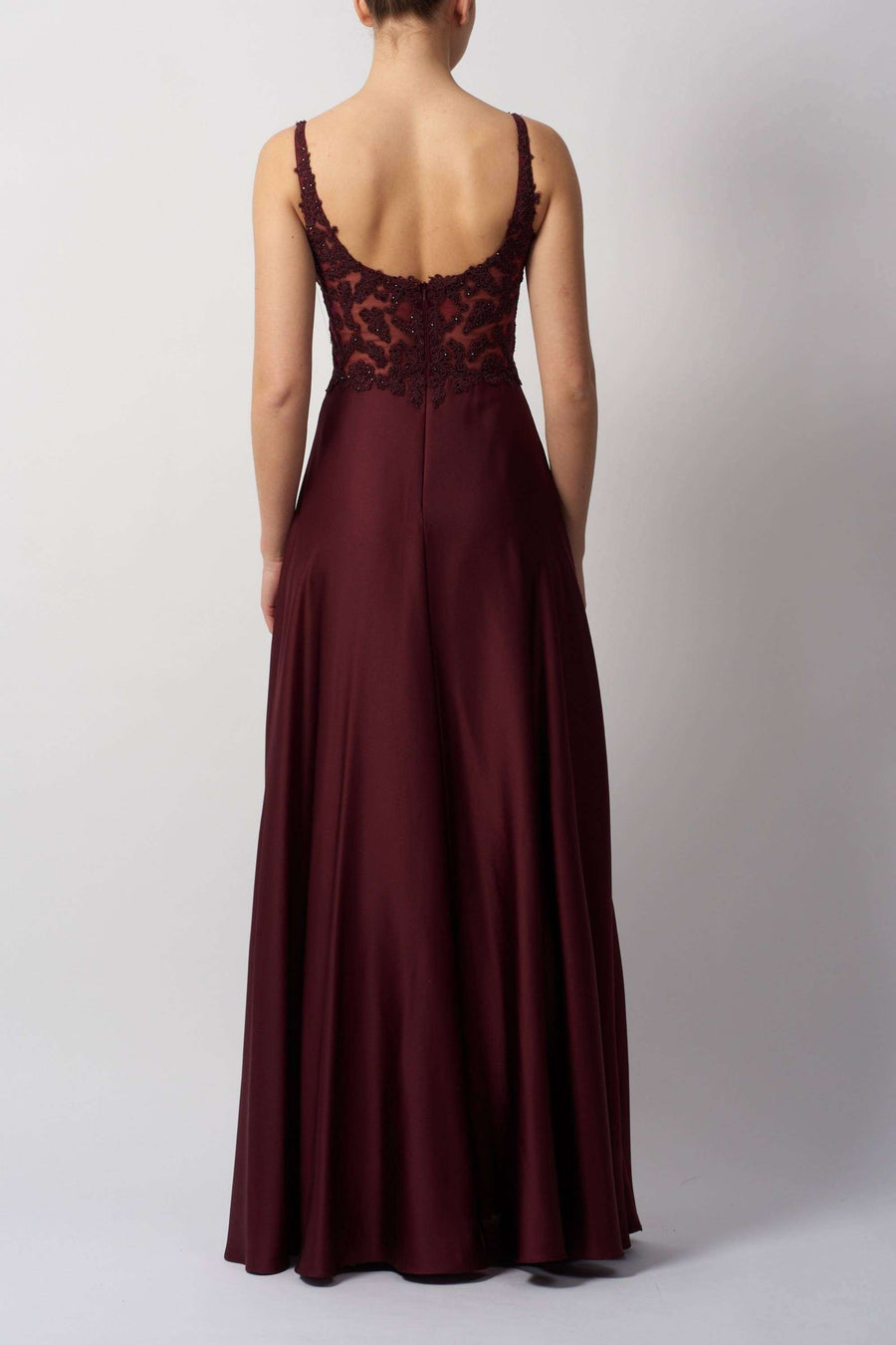 Back view of Burgundy Dress - Mascara MC124410 EMB SATIN in deep burgundy with lace bodice and satin finish, ideal for prom or bridesmaid occasions.