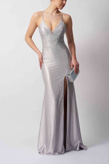 MC12511 Silver Satin Prom Dress - Diamonte by Mascara London with plunging neckline, thigh-high slit, and shimmering embellishments.