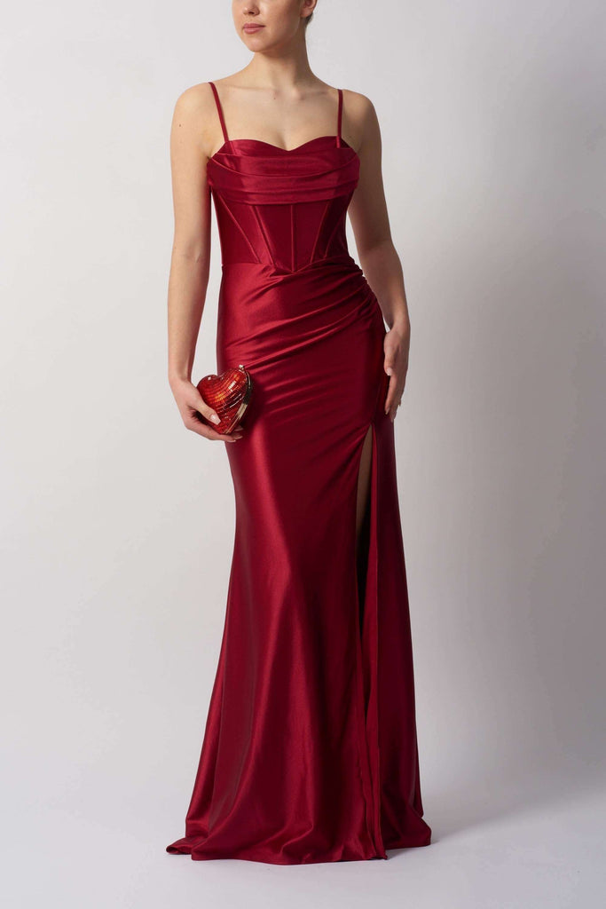 Mascara Forest Green Jersey Drape Front Dress MC12447 with ruched bodice, thigh-high slit, and spaghetti straps, ideal for prom or bridesmaid wear.