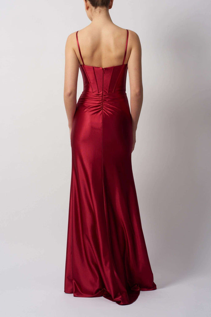 Back view of Mascara Forest Green Jersey Drape Front Dress MC12447 featuring ruched detailing and a fitted silhouette for elegant formal occasions.