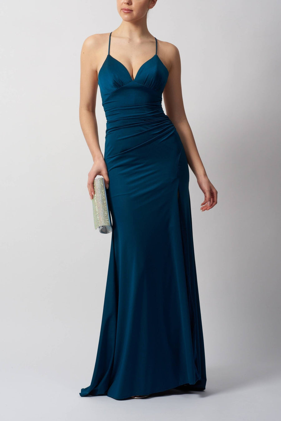 Mascara MC123444 Petrol Strap Back Jersey gown with ruched bodice and plunging neckline, ideal for prom or bridesmaid occasions.