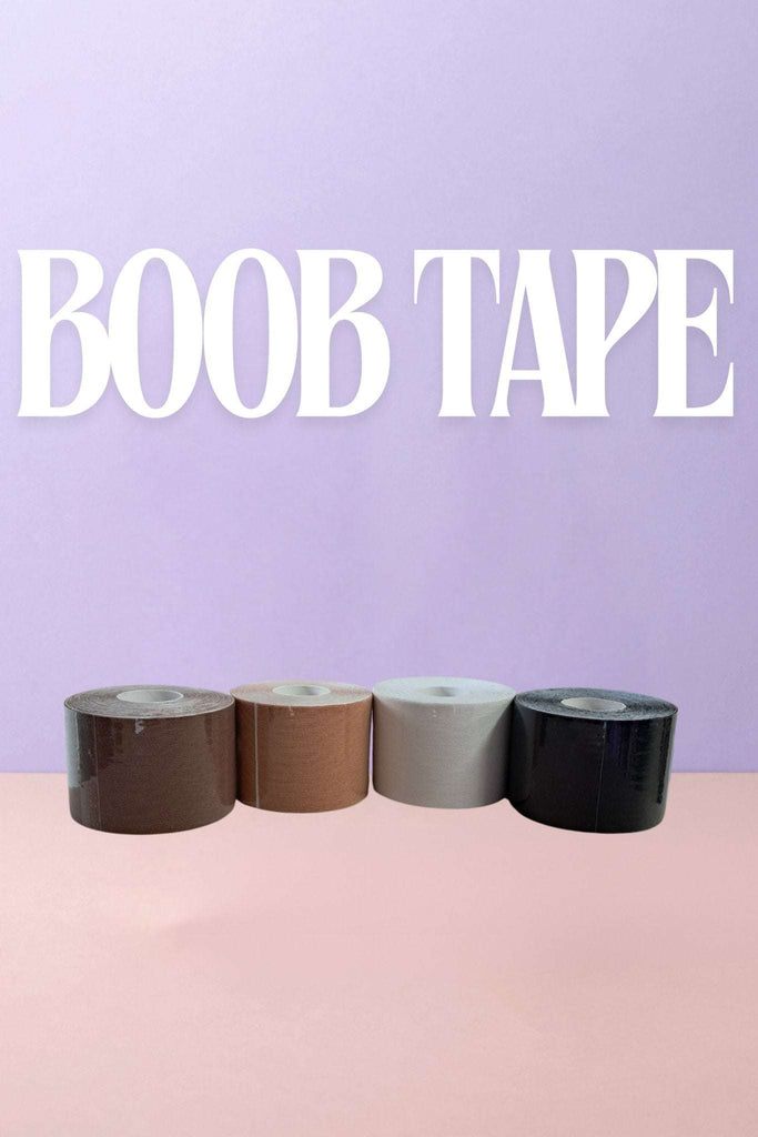 Boob Tape for Backless Dresses in brown, tan, white, and black colors, ideal for strapless or low-cut outfits with strong, discreet support.